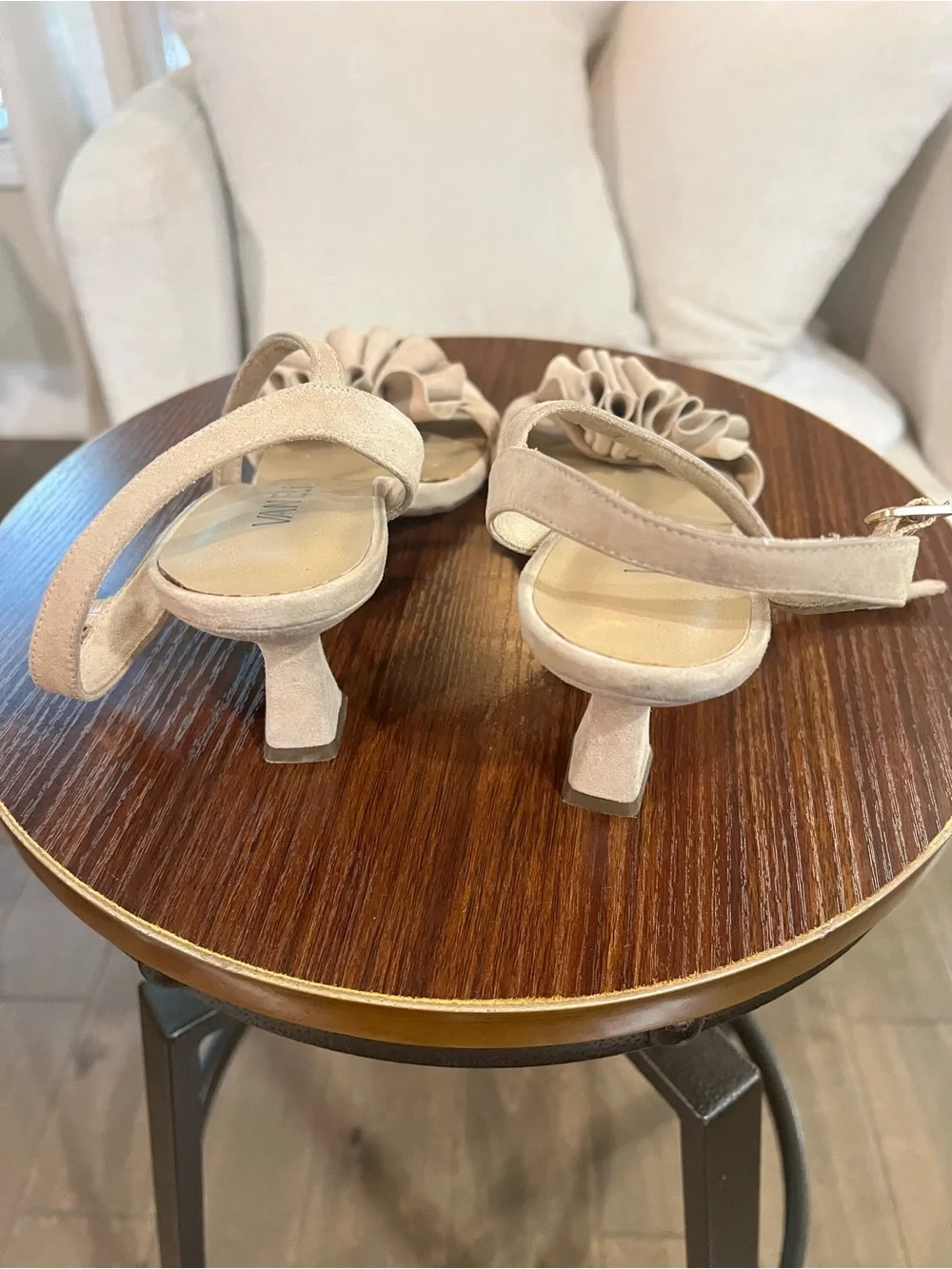 VANELi Beige Nude Suede Ruffle Ankle Strap Kitten Heel Sandals, size 10